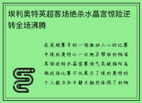 埃利奥特英超客场绝杀水晶宫惊险逆转全场沸腾